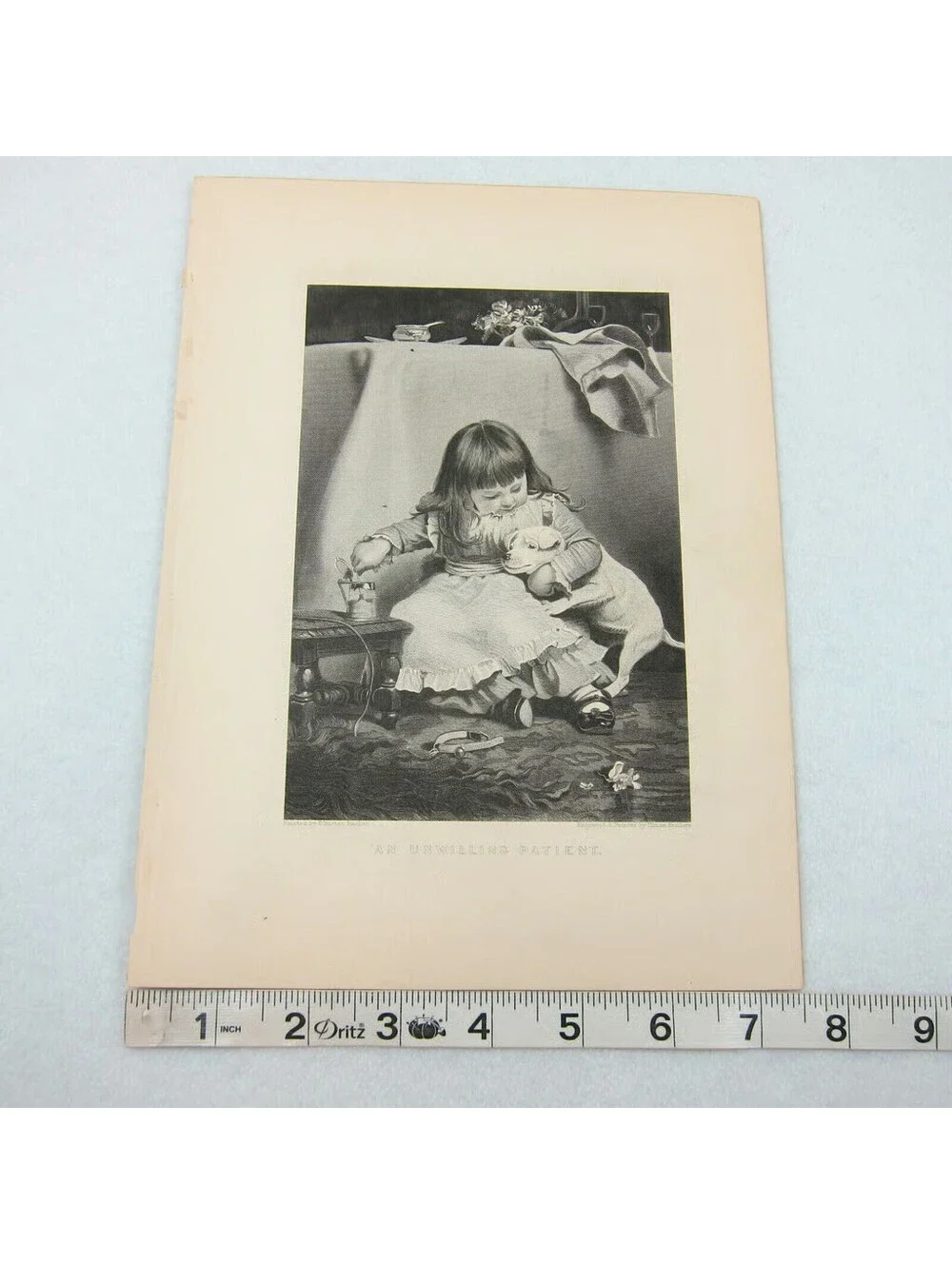 Antique 1800s Victorian Engraving Print Little Girl & Dog Unwilling Participant